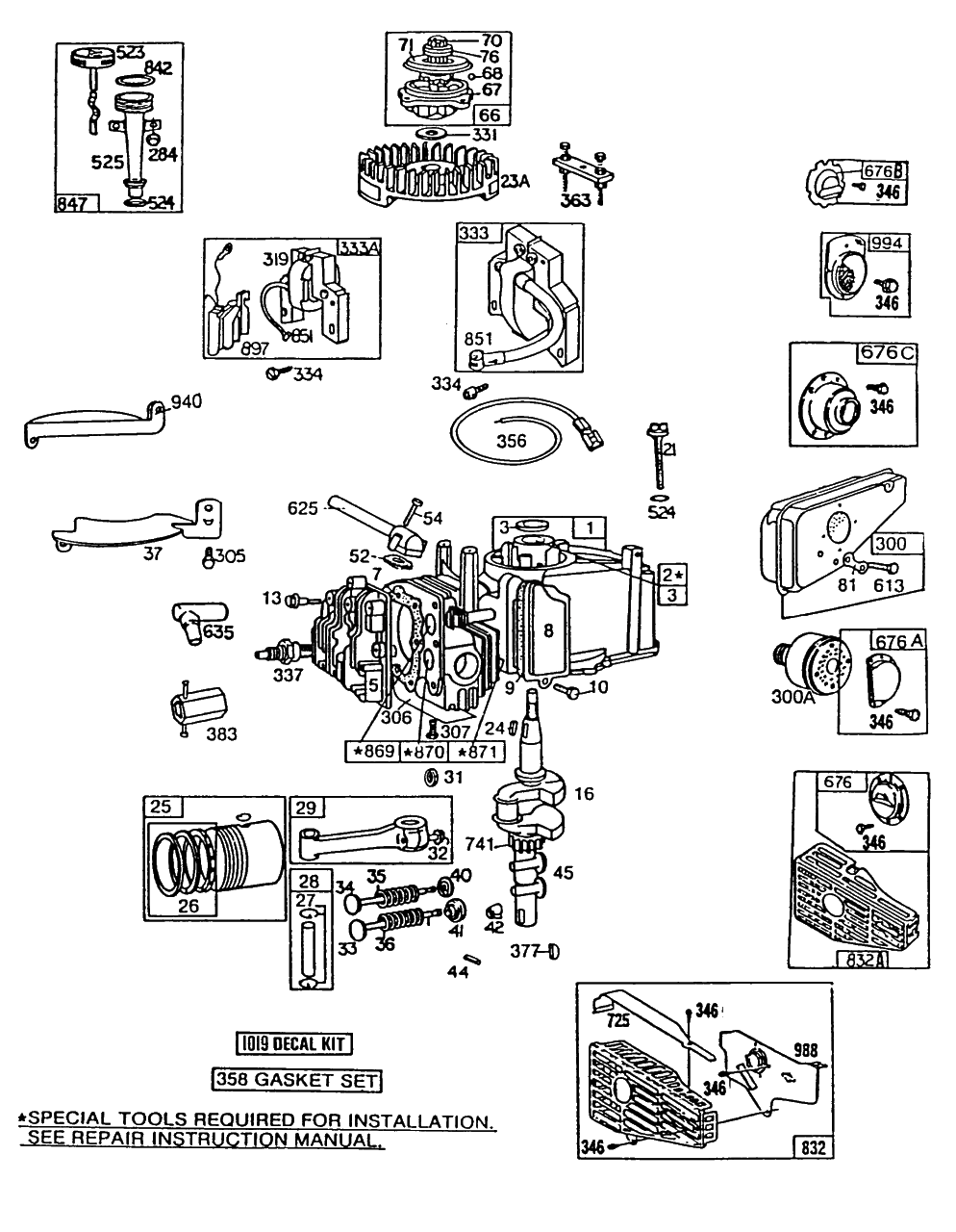 Cyl,oil Fill,piston,mufflers Diagram and Parts List for 114902-0111-XX  Briggs and Stratton Engine